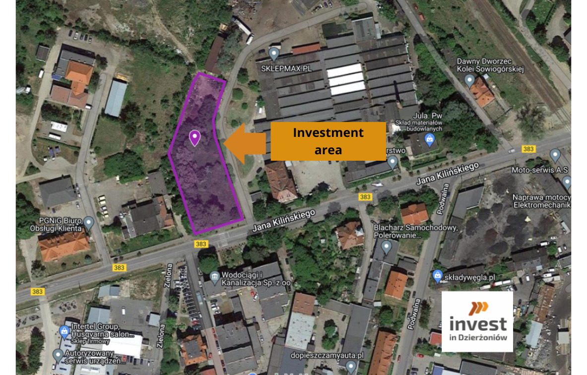 Wycinek mapy z zaznaczonym  obrysem działki. Teren inwestycyjny 0,31 ha. Logo Invest in Dzierżoniów