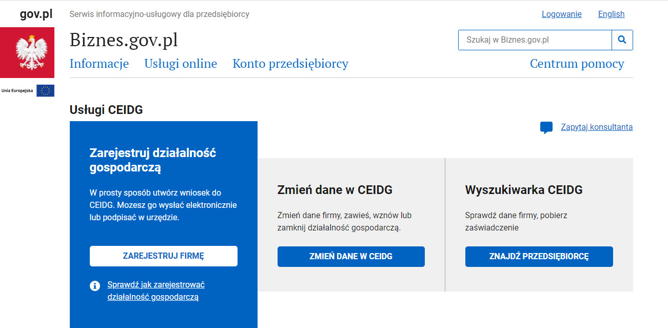 Zrzut ekranu ze strony biznes gov dotyczących usług CEIDG - zarejestrowania działalności gospodarczej, zmiany danych i wyszukiwarki wpisów