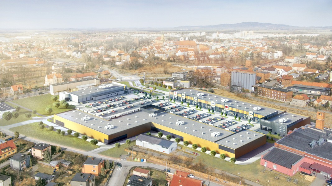 Wizualizacja przedstawiająca centrum handlowe w Dzierżoniowie z lotu ptaka
