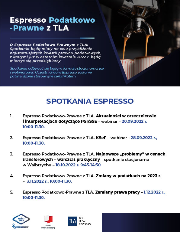 Informacja o tematach i  terminach spotkań w ramach cyklu Espresso Podatkowo -Prawne. 