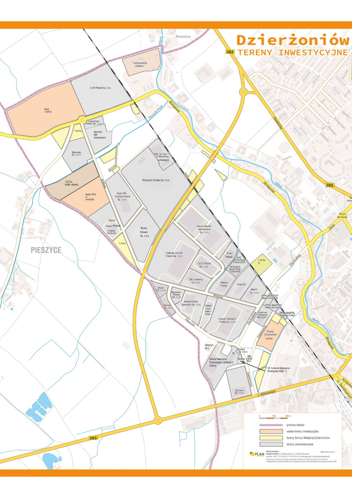 Map of the Wałbrzych Special Economic Zone - Dzierżoniów Subzone with marked investment areas. Gray color - invested areas, salmon color - areas to be invested, yellow color - areas owned by the Dzierżoniów Municipality, pink line marks the city border. Map of the Wałbrzych Special Economic Zone - Dzierżoniów Subzone.