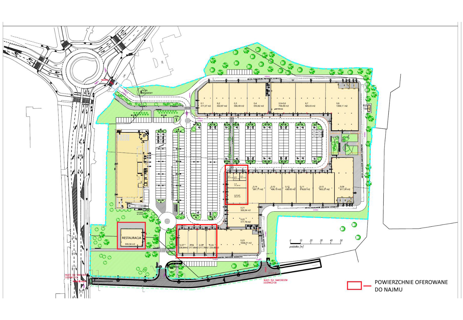 Plan centrum handlowego w Dzierżoniowie z zazanczoną na czerwono powierzchnią do wynajecia