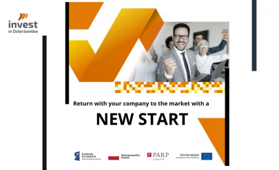 Return with your company to the market with a New Start. A group of smiling people. At the bottom there are logos of the European Funds, PARP and the flag of Poland and the European Union.