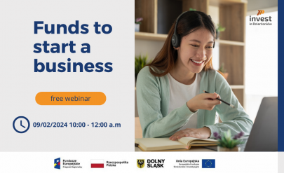 Funds to start a business, free webinar. Deadline February 9, 2024 10;00. On the right, a woman stares at a laptop screen. At the bottom there are logos: European Funds Regional Program, Republic of Poland, Lower Silesia, European Union.