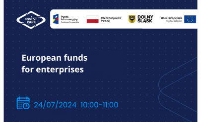 European funds for enterprises. Online training. Deadline July 24, 2024, at 10:00 -11:00. Logo of WSSE Invest Park, Information Point European Funds, European Union Cohesion Fund, Lower Silesia, Republic of Poland.