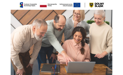 A group of 5 people are talking while standing in front of a computer. Logos: European Funds from Lower Silesia, Lower Silesia, Republic of Poland, Co-financed by the European Union.