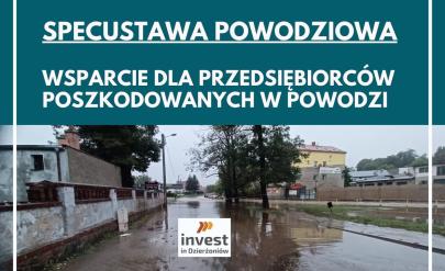 Specustawa powodziowa- wsparcie dla przedsiębiorców poszkodowanych w wyniku powodzi. Pod napisem widok na drogę podczas powodzi. Logo Invest in Dzierżoniow.