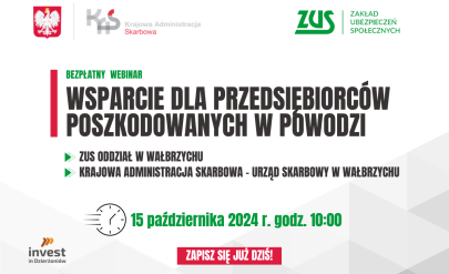 Wsparcie dla przedsiębiorców poszkodowanych w powodzi – Szkolenie ZUS i Urzędu Skarbowego. Termin  15 października 2024, godz. 10:00, Webinarium (Cisco Webex Meeting). Zastosowano grafikę dekoracyjną.