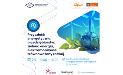 konferencję pn. „Przyszłość energetyczna przedsiębiorstw: Zielona Energia, Elektromobilność, Zrównoważony Rozwój”.  Termin: 28 listopada 2024 r. w godz. 9:00 – 15:00 w CTE w Świdnicy (ul. Stalowa 2). W tle grafika dekoracyjna.