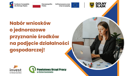 Nabór wniosków o jednorazowe przyznanie środków na podjęcie działalności gospodarczej. Po prawej stronie kobieta siedzi przed komputerem. Zastosowano następujące logotypy: Invest in Dzierżoniów, Powiatowy Urząd Pracy w Dzierżoniowie, Fundusze Europejskie dla Dolnego Śląska, Rzeczpospolita Polska, Dolny Śląsk.