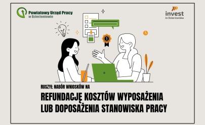 Ruszył nabór na Refundację na stworzenie lub doposażenie stanowiska pracy. Logotypy Powiatowego Urzędu Pracy w Dzierżoniowie oraz invest in Dzierżoniów. Zastosowano grafikę dekoracyjną.
