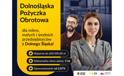 Dolnośląska Pożyczka Obrotowa dla mikro, małych i średnich przedsiębiorców. Kobieta i mężczyzna uśmiechają się. W tle pomieszczenie biurowe.