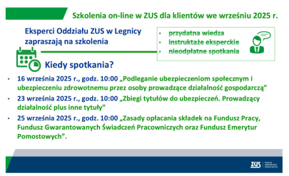 Eksperci ZUS zapraszają do udziału w bezpłatnych szkoleniach dla przedsiębiorców. Tekst podany w grafice jest zgodny z treścią artykułu.