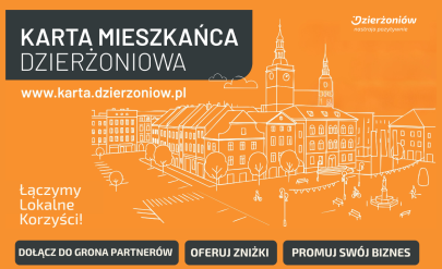 Dołącz do „Karty Mieszkańca Dzierżoniowa”. W tle grafika dekoracyjna na pomarańczowym tle.