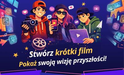 Grafika konkursu „Mój zawód przyszłości” dla uczniów 13–18 lat z Dolnego Śląska. Zadaniem jest stworzenie maksymalnie 60-sekundowego filmu o wybranym zawodzie. Termin zgłoszeń: 12 listopada 2026 r.