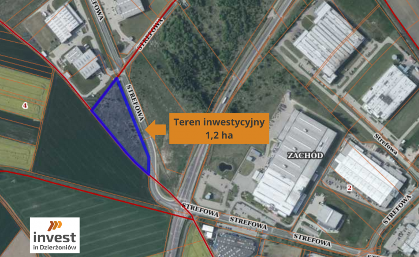 Wycinek mapy z zaznaczonym  obrysem działki . Teren inwestycyjny 1,2 ha. Logo Invest in Dzierżoniów