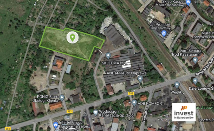 A section of the map with the outline of the plot marked. Investment area 1 ha. Invest in Dzierżoniów logo