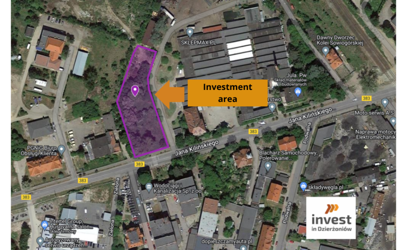 Wycinek mapy z zaznaczonym  obrysem działki. Teren inwestycyjny 0,31 ha. Logo Invest in Dzierżoniów