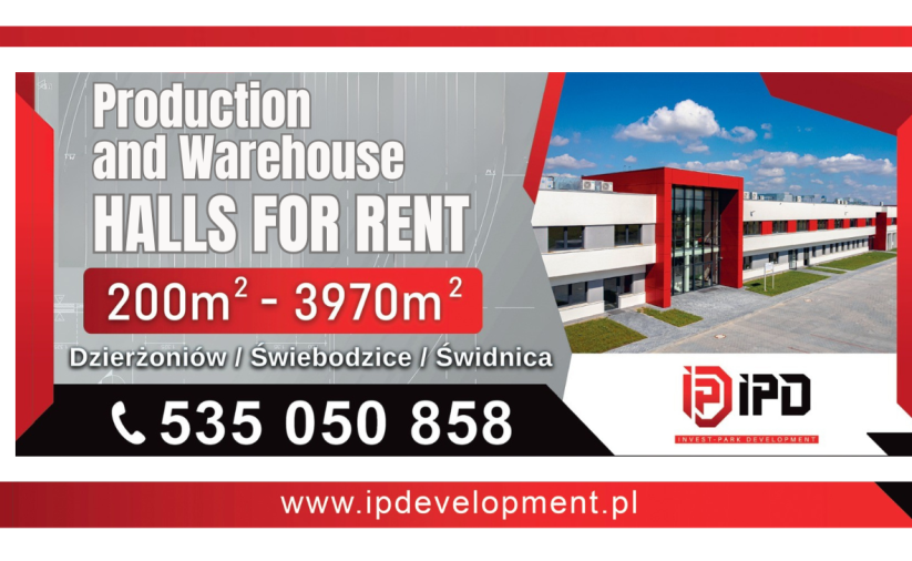 Invest-Park Development leaflet presenting the offer of production and warehouse halls for rent at 21 Strefowa Street in Dzierżoniów. The content is consistent with the information provided on the website.
