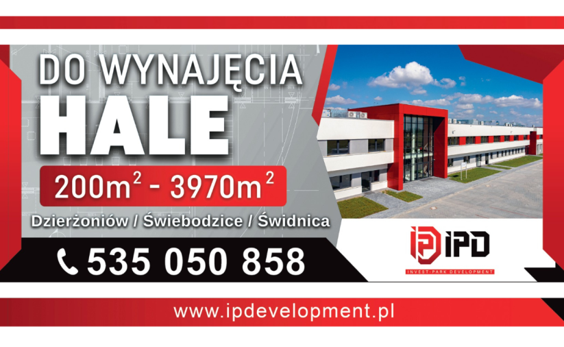 Ulotka Invest-Park Development z ofertą wynajmu hal przy ul. Strefowej 21 w Dzierżoniowie. Treść zgodna z informacjami na stronie.