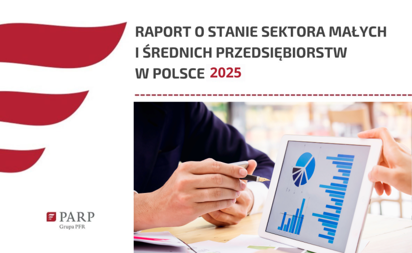 Raport o stanie sektora małych i średnich przedsiebiorstw w Polsce 2025. Zastosowano grafikę dekoracyjną.