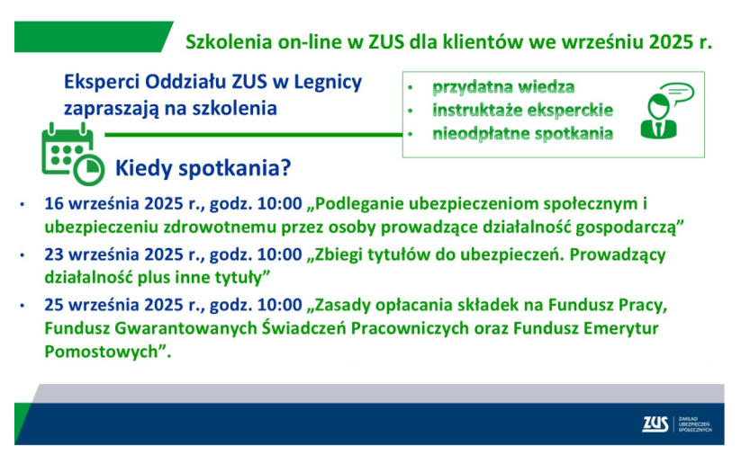 Eksperci ZUS zapraszają do udziału w bezpłatnych szkoleniach dla przedsiębiorców. Tekst podany w grafice jest zgodny z treścią artykułu.
