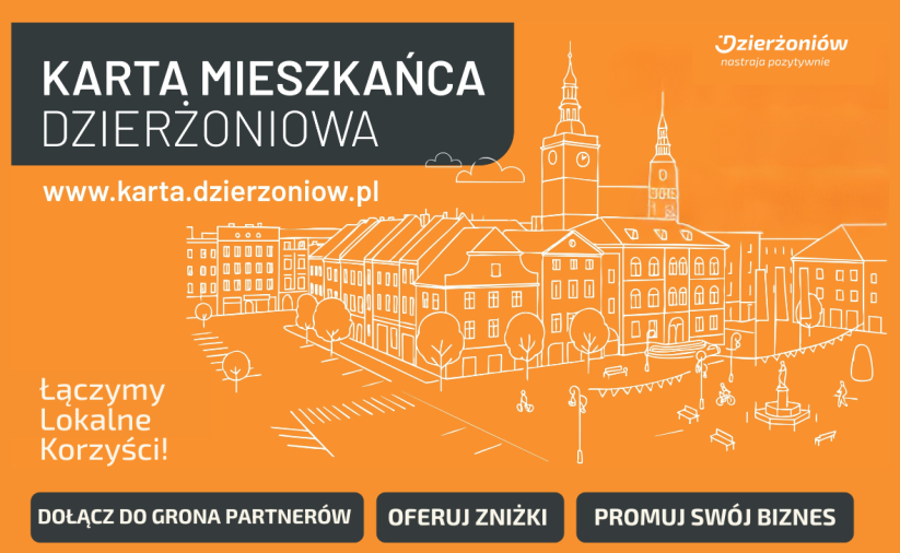 Dołącz do „Karty Mieszkańca Dzierżoniowa”. W tle grafika dekoracyjna na pomarańczowym tle.