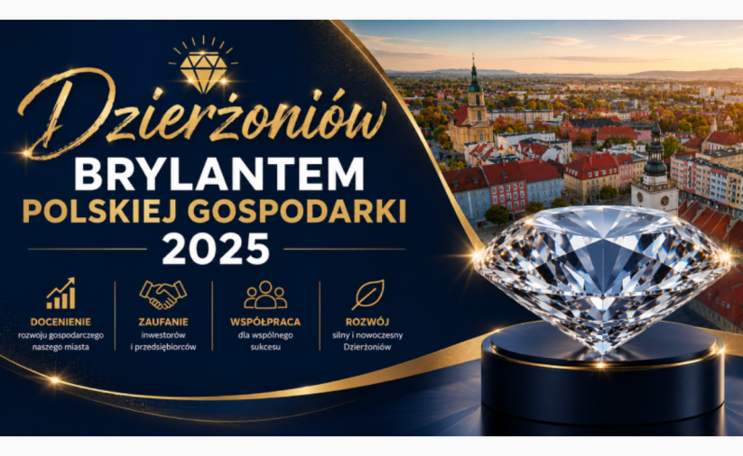 Dzierżoniowski Rynek z ratuszem i zabytkowymi kamienicami widziany z lotu ptaka. Po prawej stronie grafiki znajduje się brylant symbolizujący wyróżnienie Dzierżoniowa jako Brylantu Polskiej Gospodarki 2025.
