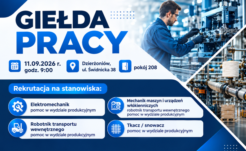 Grafika promująca Giełdę Pracy w Dzierżoniowie – 11 września 2026 r., godz. 9:00, ul. Świdnicka 38, pokój 208. Informacja o rekrutacji na stanowiska produkcyjne.