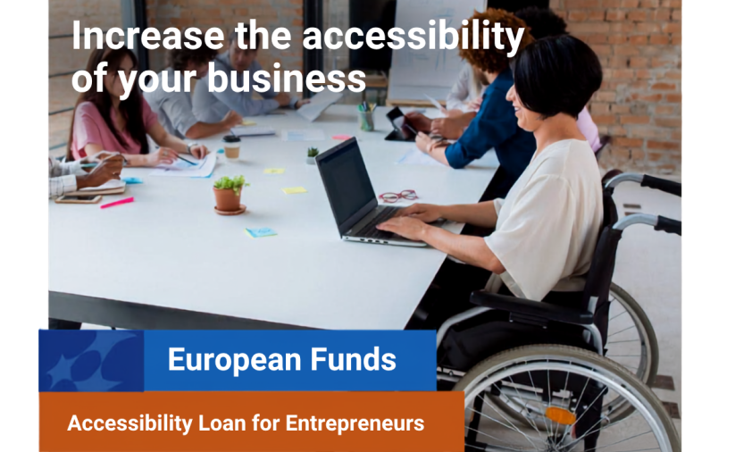 Graphic promoting the Accessibility Loan for Entrepreneurs. A woman in a wheelchair is working on a laptop in an office. Other people are sitting at a table in the background. The graphic features the slogan: “Increase the accessibility of your business” and the logos of the European Funds, the Republic of Poland, the European Union and the Polish Enterprise Foundation.
