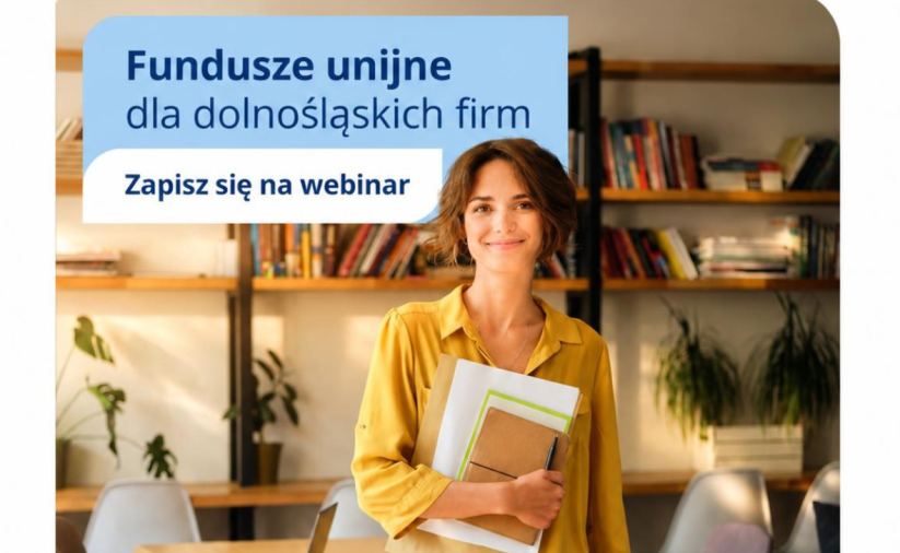 Fundusze unijne dla dolnośląskich firm – zapisz się na bezpłatne webinarium. Grafika przedstawia kobietę w żółtej bluzce, stojącą w przestrzeni biurowej, z materiałami w rękach.