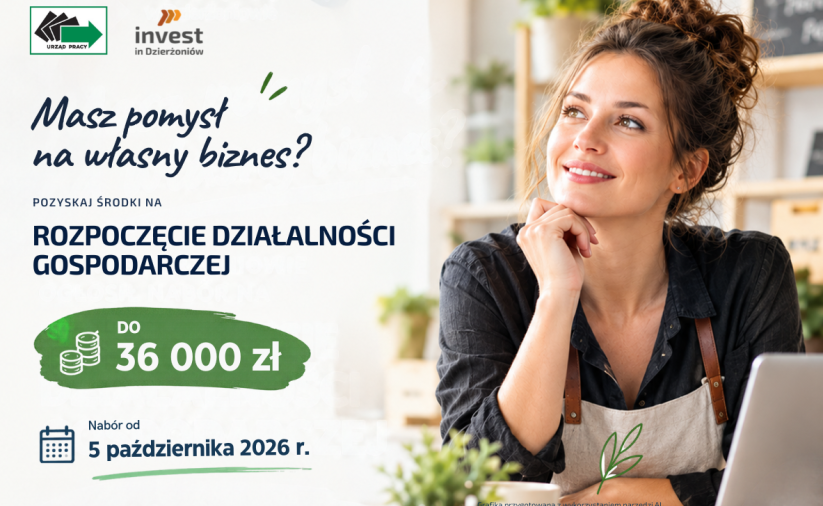 Grafika dekoracyjna informująca o naborze o dotację do 36 000 zł na rozpoczęcie działalności gospodarczej z PUP