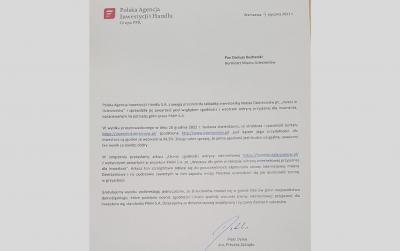 List Gratulacyjny Polskiej Agencji Inwestycji i Handlu