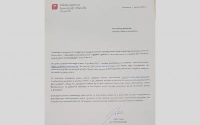 Congratulatory Letter of the Polish Investment and Trade Agency