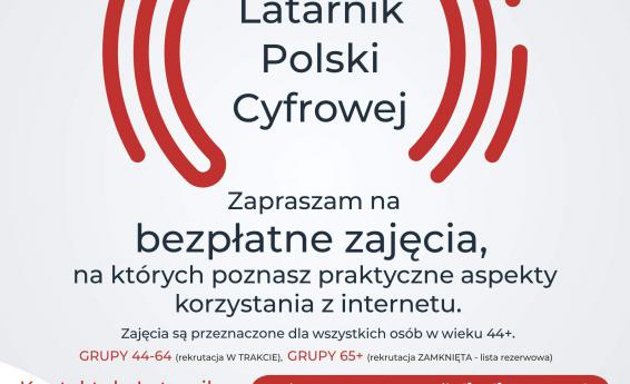 obraz przedstawia plakat z zaproszeniem do wziecia udziału w bezpłatnych zajeciach z korzytsania z Internetu dla osób powyżej 44 roku życia