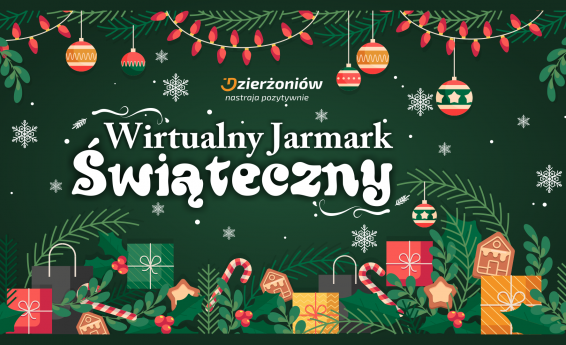 The picture shows a Christmas scenery with the words Virtual Christmas Market