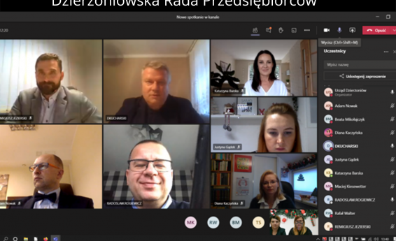 Zrzut ekranu przedstawiajacy członków Dzierżoniowskiej Rady Przedsiębiorców podczas zdalnego spotkania 
