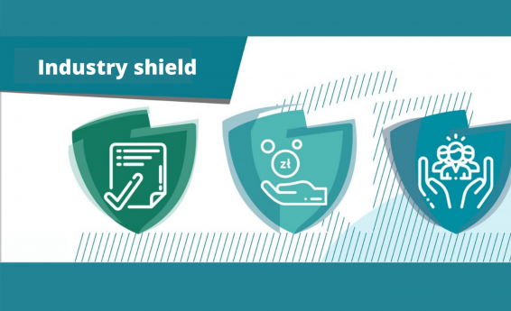 Industry shield. Three shields in shades of green on a white background