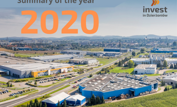 Bird's eye view of the production halls located in the Dzierżoniów subzone. In the photo, the inscription: summary of 2020 and the Invest in Dzierżoniów logo