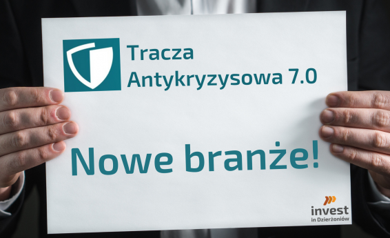 Biała kartka trzymana w rekach, na której znajduje się napis: Tarcza antykryzysowa 7.0. Nowe Branże!