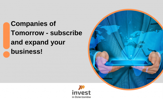 The picture shows the electronic equipment, a tablet held in hands and the inscription: Companies of Tomorrow - sign up and expand your company on the Internet