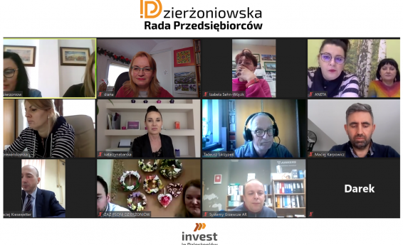 Zrzut ekranu z vidokonferencji, przedstawiający członków Dzierżoniowskiej Rady Przedsiebiorców