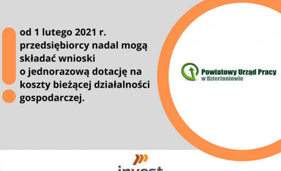 Obraz zawiera informację o  naborze wniosków o jednorazową dotację w wysokości 5 tys. zł na pokrycie bieżących kosztów prowadzenia działalności gospodarczej oraz logo Powiatowego Urzędu Pracy w Dzierżoniowie