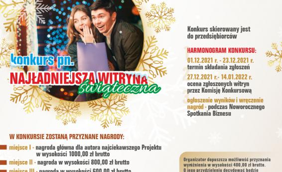 Plakat o konkursie pn. Najładniejsza Witryna Świąteczna, zawierający informacje zawarte w treści artykułu oraz widok kobiety i mężczyzny