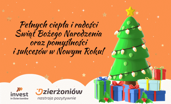 Kartka z życzeniami światecznymi.Tło pomarańczowe z gwiazdami, z prawej strony choinka z prezentami.