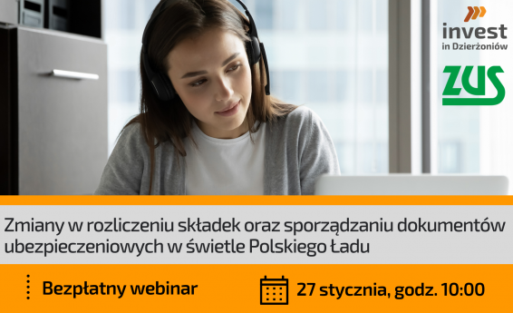 Kobieta ze słuchawkami na uszach siedząca przed laptopem. Informacja o terminie i nazwie szkolenia zgodnie z treścią zawartą w artykule.