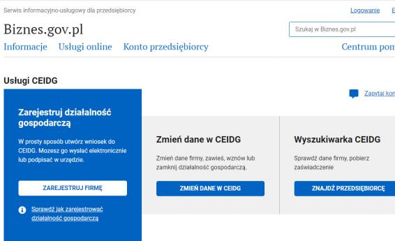 Zrzut ekranu ze strony biznes gov dotyczących usług CEIDG - zarejestrowania działalności gospodarczej, zmiany danych i wyszukiwarki wpisów