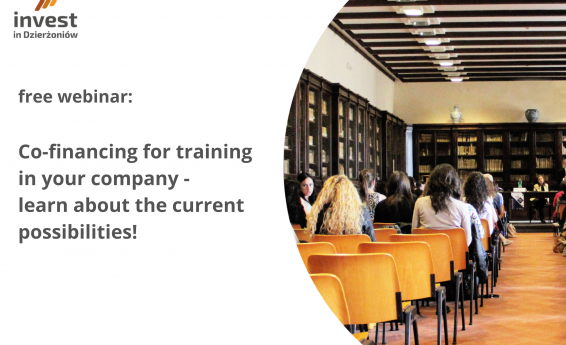 On the right, a photo of the training room with participants and lecturers. On the top left, the invest in Dzierzoniów logo, below the inscription: free webinar - Co-financing for training in your company - check the current possibilities.