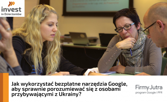 Dwie kobiety i mężczyzna siedzący przy stole. Pod spodem tytuł szkolenia. 
