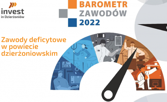 Półkole z grafikami przedstawiającymi zawody: kierowcy, kobiety rolnika, lekarki, fryzjera, naukowca -na środku czarna wskazówka. U góry napis Barometr zawodów 2022, poniżej: zawody deficytowe w powiecie dzierżoniowskim.
